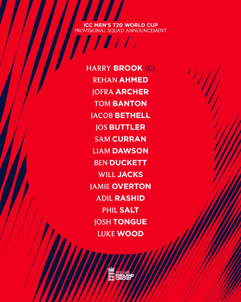 England squad for T20 World Cup 2026