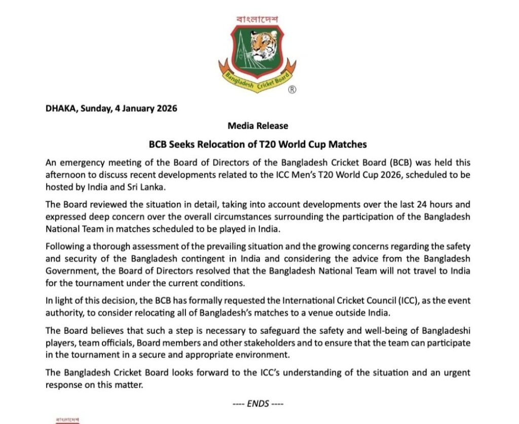 BCB statement and plea to ICC to move T20 World Cup 2026 matches