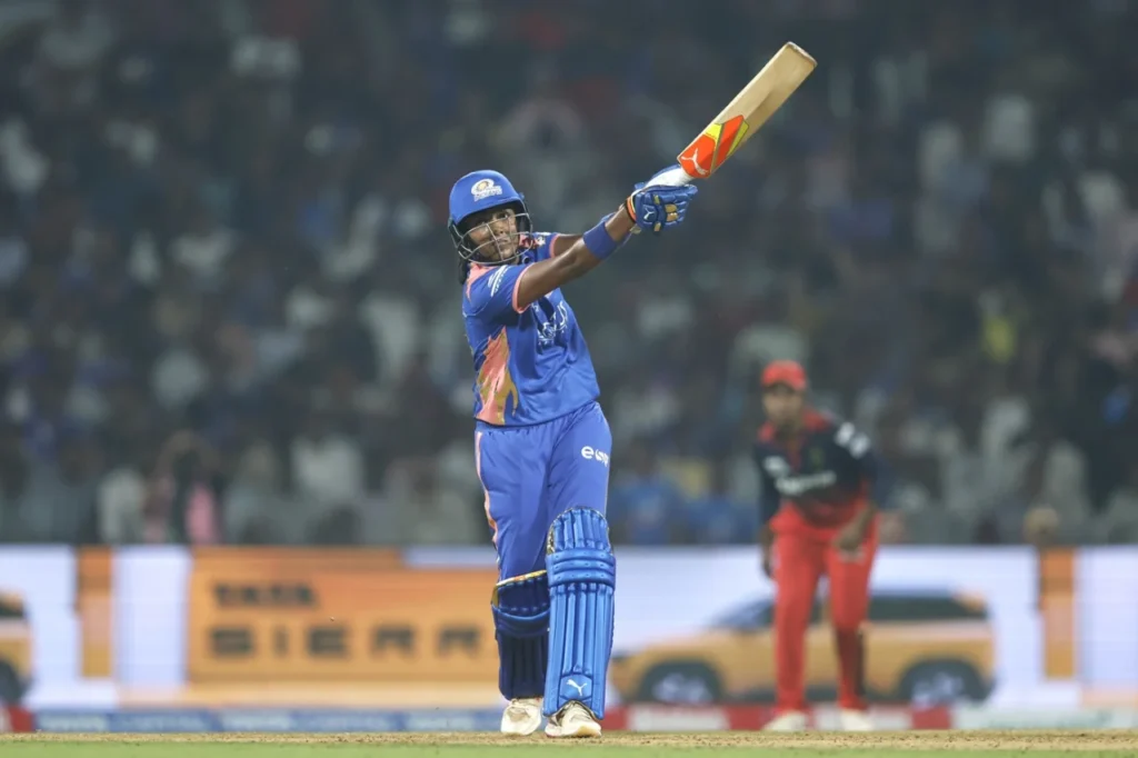 Sajana Sajeevan stars for Mumbai Indians with the bat in WPL 2026 match 1
