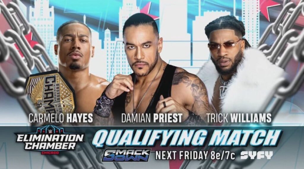 Men’s Elimination Chamber Qualifier SmackDown: Carmelo Hayes vs Damian Priest vs Trick Williams
