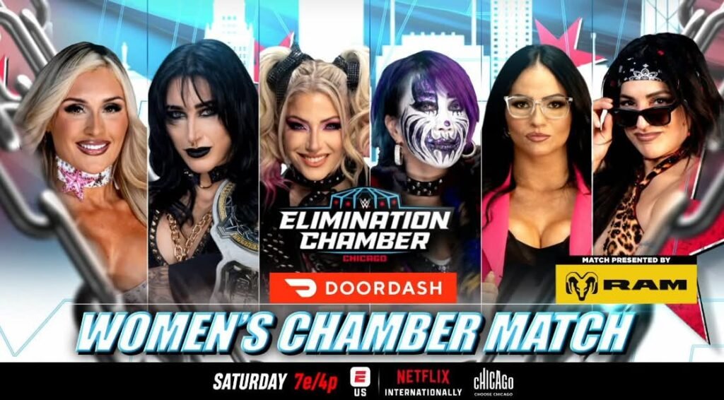 Women’s Elimination Chamber Match: Rhea Ripley vs. Tiffany Stratton vs. Alexa Bliss vs. Asuka vs. Kiana James vs. Raquel Rodriguez