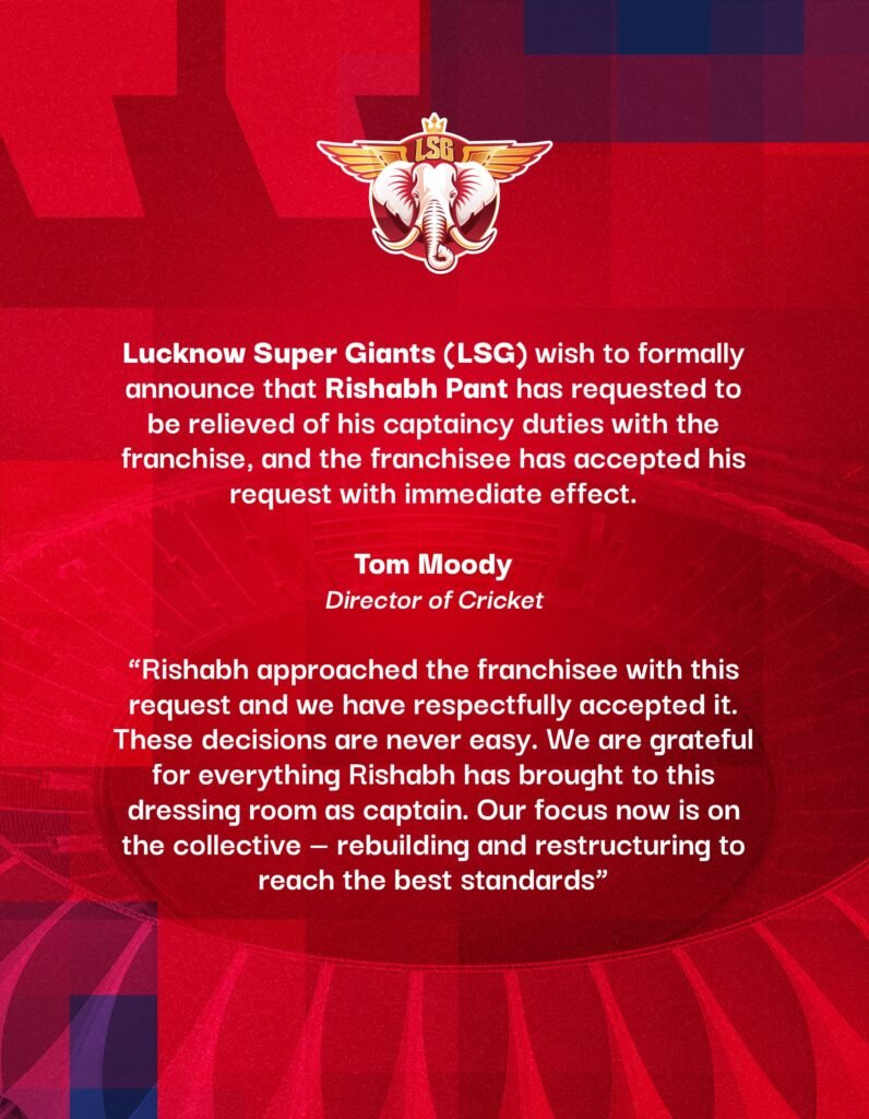 Lucknow Super Giants statement on Rishabh Pant resignation
